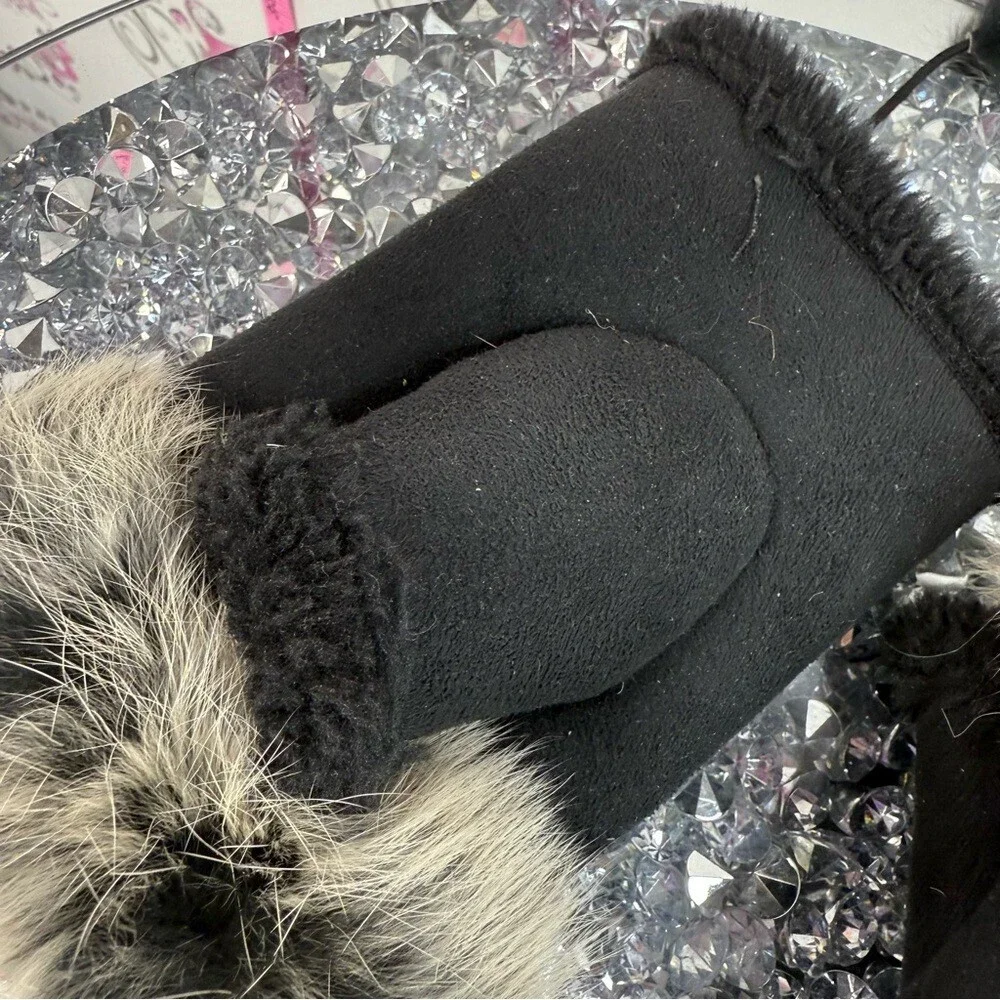 Mitts Black rabbit Fur Trim Fingerless Gloves with Pom  Pom lace up details